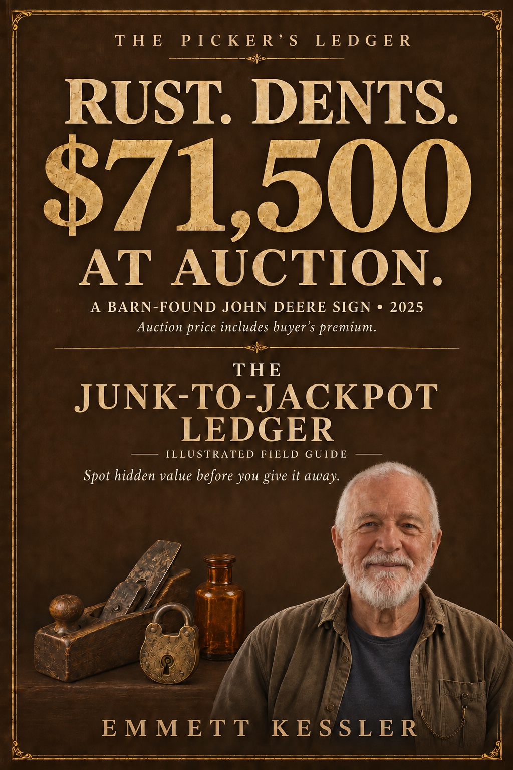 The Junk-to-Jackpot Ledger by Emmett Kessler, warm walnut and gold cover with the $71,500 auction headline, author portrait, antique hand plane, brass padlock, and amber bottle